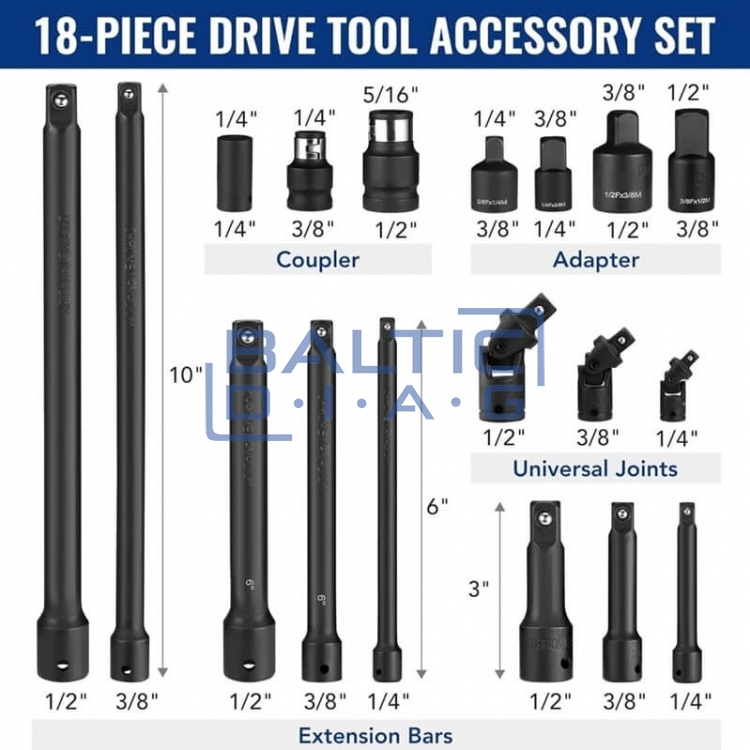 Smūginių prailgintojų ir adapterių rinkinys 1/4"+3/8"+1/2" 18 vnt.