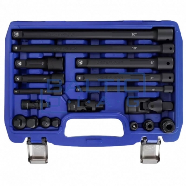 Smūginių prailgintojų ir adapterių rinkinys 1/4"+3/8"+1/2" 18 vnt.