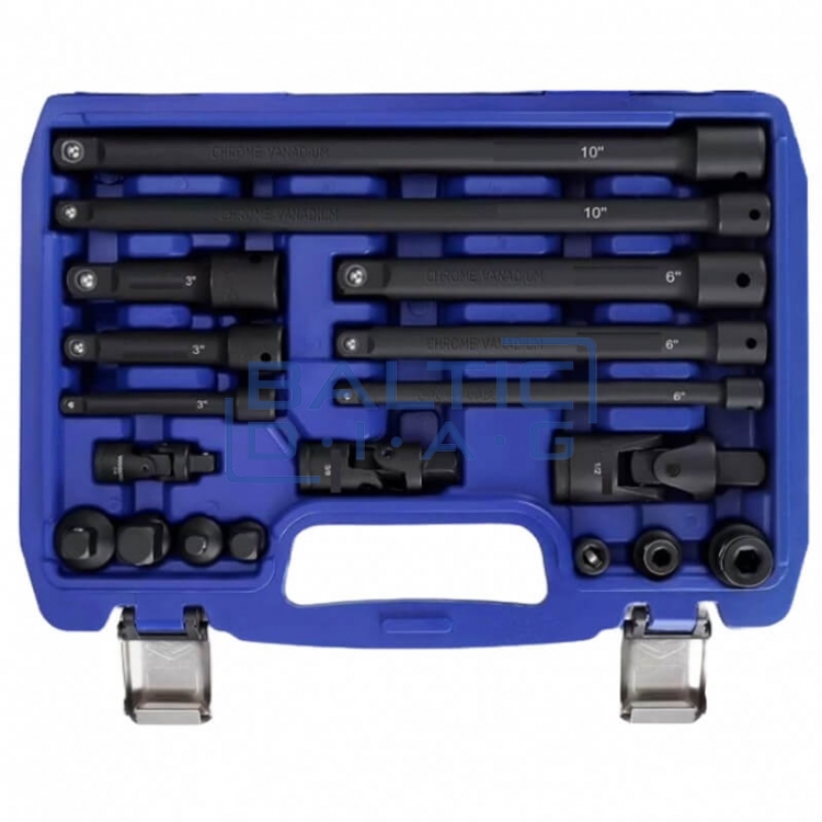Smūginių prailgintojų ir adapterių rinkinys 1/4"+3/8"+1/2" 18 vnt.