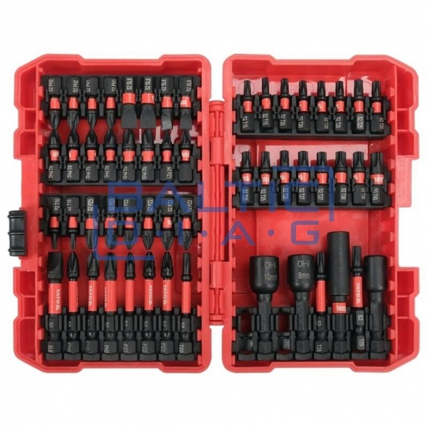 1/4" smūginių keičiamų antgalių rinkinys plokščias, PZ, PH, TORX, 54 vnt.