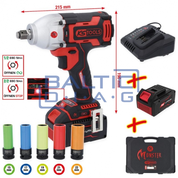 Akumuliatorinio smūginio suktuvo komplektas 1/2", 9 dalių eMONSTER KS Tools