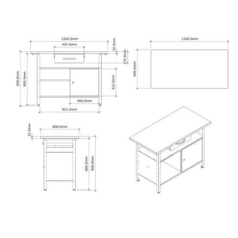 Professional workbench with 2 cabinets and 30 mm wooden top, 1200 x 600 x 850 mm