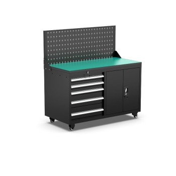 Mobile workshop workbench with 5 drawers, cupboard and perforated wall