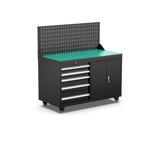 Mobile workshop workbench with 5 drawers, cupboard and perforated wall