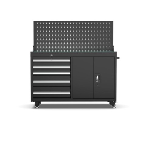 Mobile workshop workbench with 5 drawers, cupboard and perforated wall