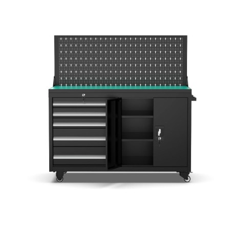 Mobile workshop workbench with 5 drawers, cupboard and perforated wall