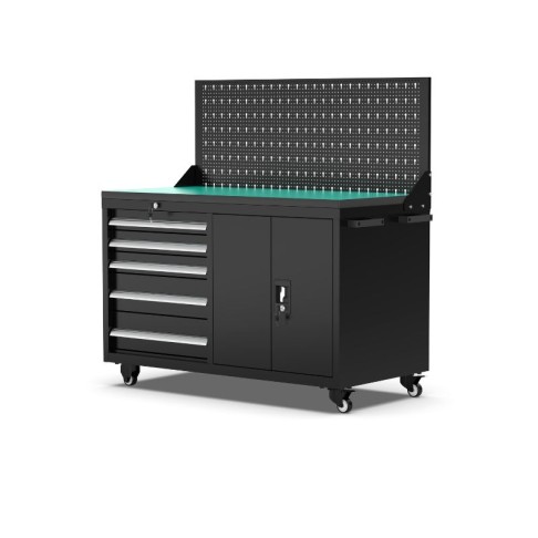Mobile workshop workbench with 5 drawers, cupboard and perforated wall