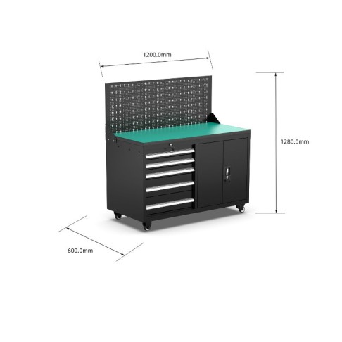 Mobile workshop workbench with 5 drawers, cupboard and perforated wall