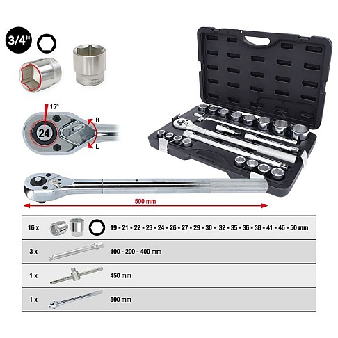 3/4" socket wrench Set, 21-piece, 6-point KS Tools