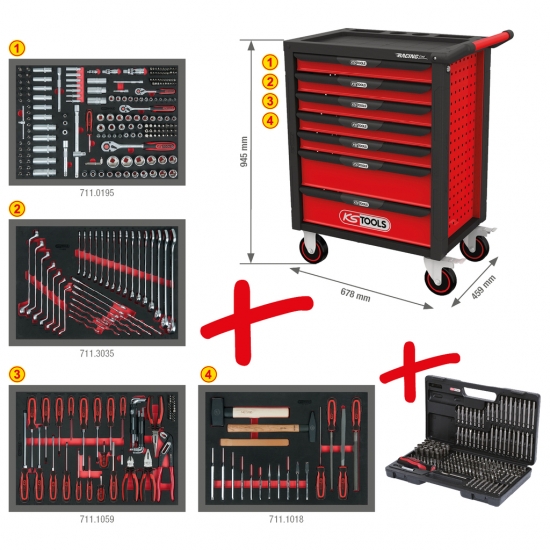 KS Tools RACINGLINE Juoda/Raudona Įrankių vežimėlis su septyniais stalčiais ir 515 PREMIUM įrankiais