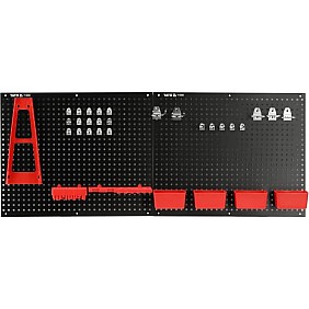 Pakabinamas metalinis įrankių stendas su laikikliais ir dėžutėmis įrankių laikymui, 34 vnt. rinkinys