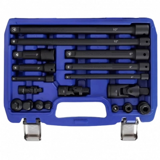 Smūginių prailgintojų ir adapterių rinkinys 1/4"+3/8"+1/2" 18 vnt.