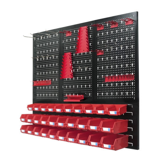 Hanging perforated wall for tools with 52 parts