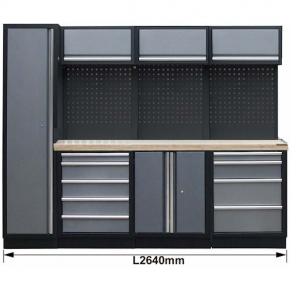 Professional stationary workbench with backing panel and wall cabinets