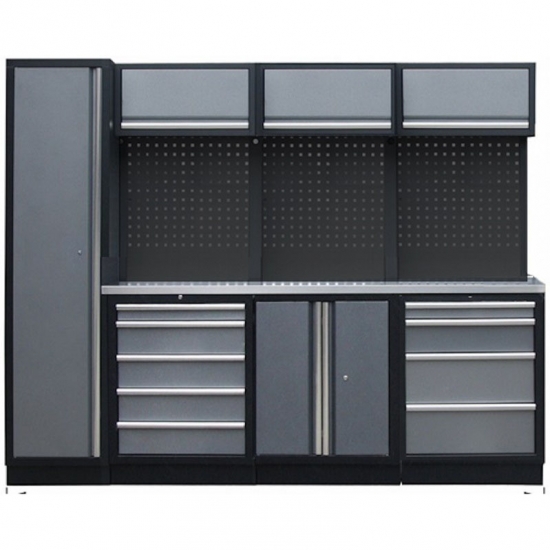 Professional stationary Backing Panel workbench with hanging cabinets