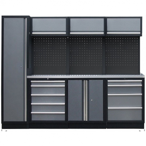 Professional stationary workbench with backing panel and wall cabinets