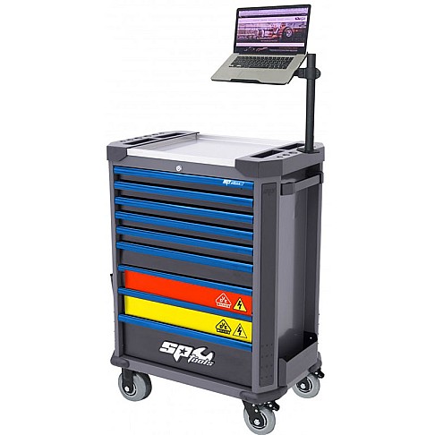 Инструментальная тележка для обслуживания электромобилей с 9 ящиками, 199 инструментами и держателем для ноутбука SP Tools Tech Series