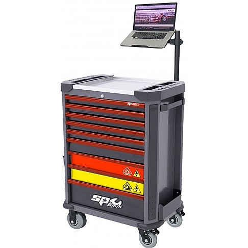 Инструментальная тележка для обслуживания электромобилей с 9 ящиками, 199 инструментами и держателем для ноутбука SP Tools Tech Series