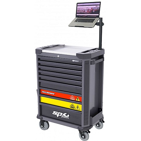 Инструментальная тележка для обслуживания электромобилей с 9 ящиками, 199 инструментами и держателем для ноутбука SP Tools Tech Series