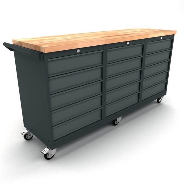 Mobile workbench with 3x 5-drawer cabinets
