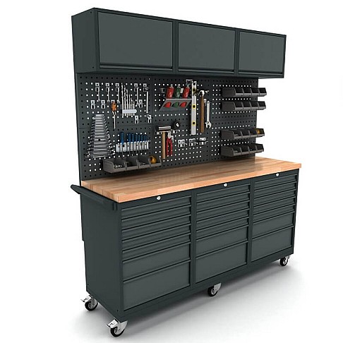 Mobile Workbench with 3x 7-Drawer Cabinets, Tool Wall, and Top Cabinets