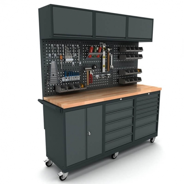 Mobile workbench with 2-door and 12-drawer cabinets, tool wall, and top cabinets