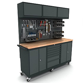 Mobile workbench with 2x 2-door and 7-drawer cabinets, tool wall, and top cabinets