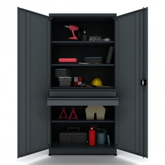 Metal work cabinet with 4 shelves and 2 drawers Valkenpower