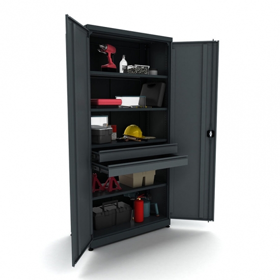 Metal work cabinet with 4 shelves and 2 drawers Valkenpower