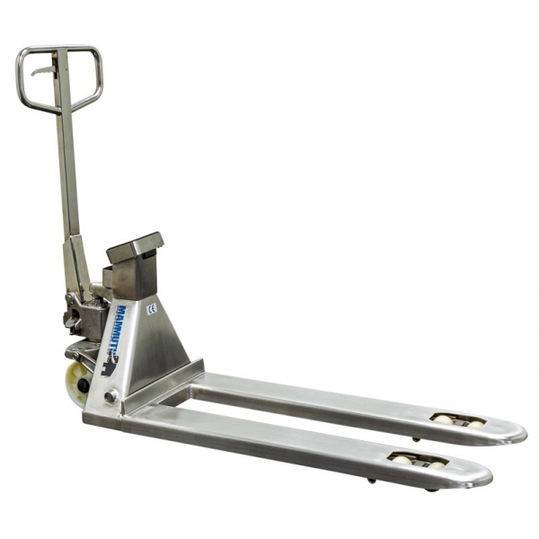 Stainless steel pallet trolley 2500 kg with scales, 115 cm