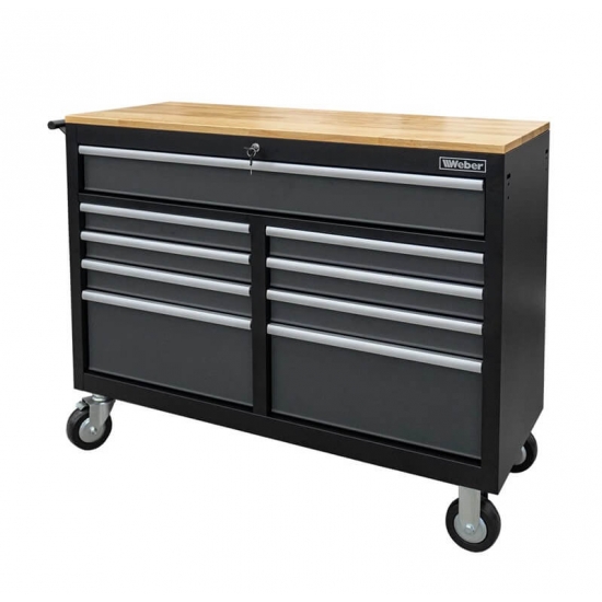 Mobile workshop trolley with 9 drawers and wooden worktop Weber