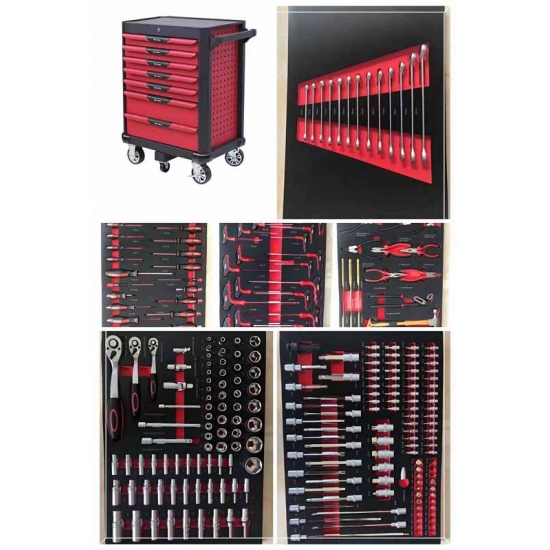 Įrankių vežimėlis su 7 stalčiais ir 250 vnt. įrankių