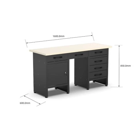 Professional workshop workbench with 6 drawers and lockable cabinet, 1600 x 600 x 850 mm