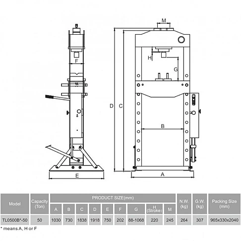 Hydraulic foot-operated press with pressure gauge 50 t