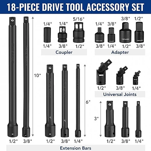 Smūginių prailgintojų ir adapterių rinkinys 1/4"+3/8"+1/2" 18 vnt.