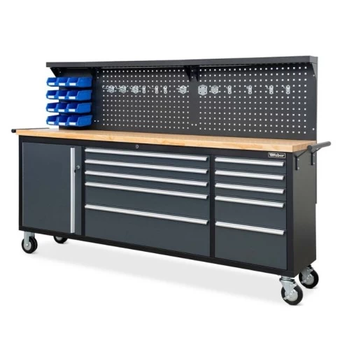 Mobile workbench with rear wall and wooden table top Weber